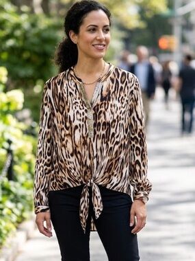 Chicos Leopard Print Sequin V Neck Tie Front Long Sleeve Blouse Top Sz 2 Lg 12